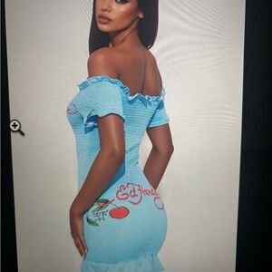 Ed Hardy Light Blue Off-Shoulder Mini Dress